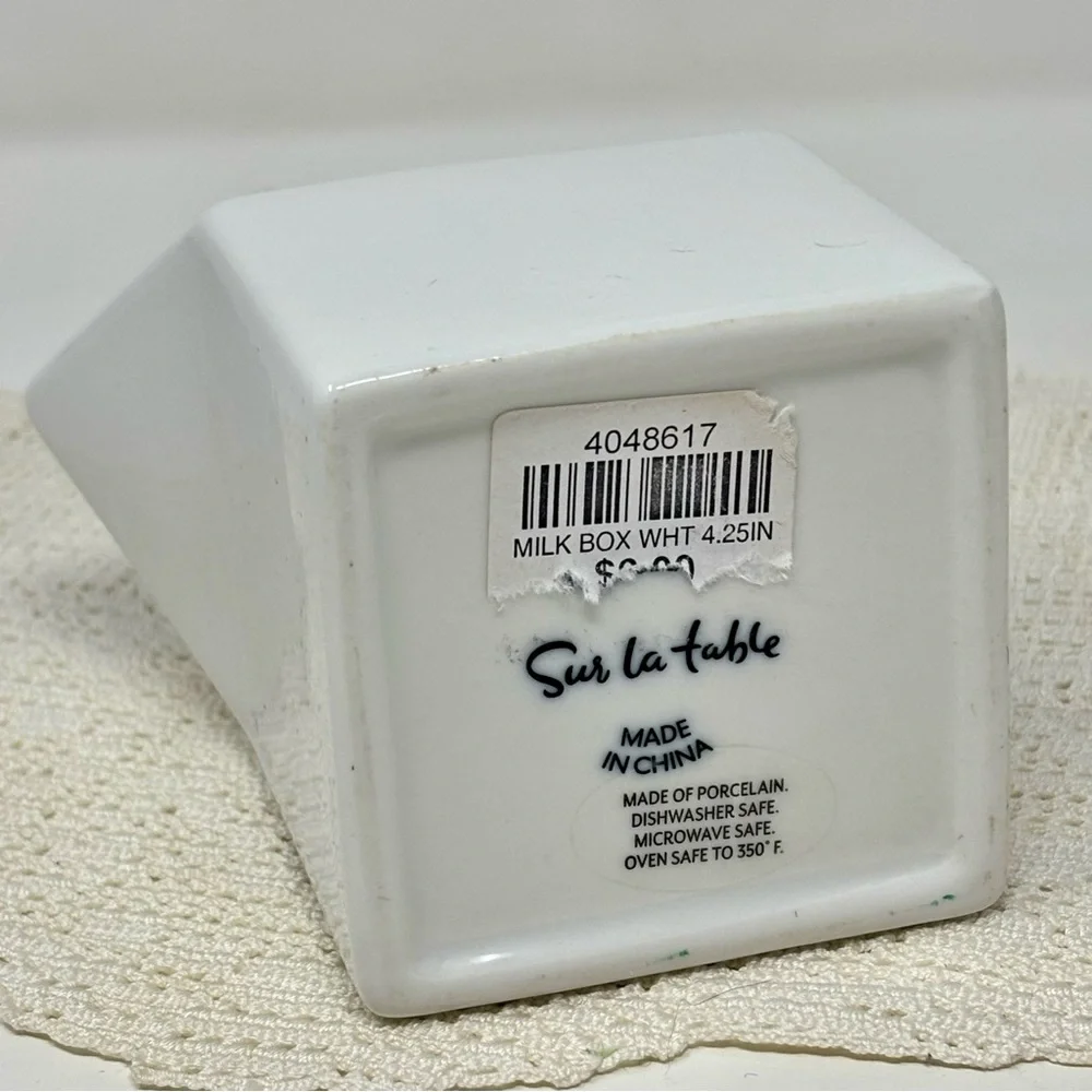 Sur La Table Porcelain Milk Box Shaped Creamer Dispenser 4.25” White Minimalist